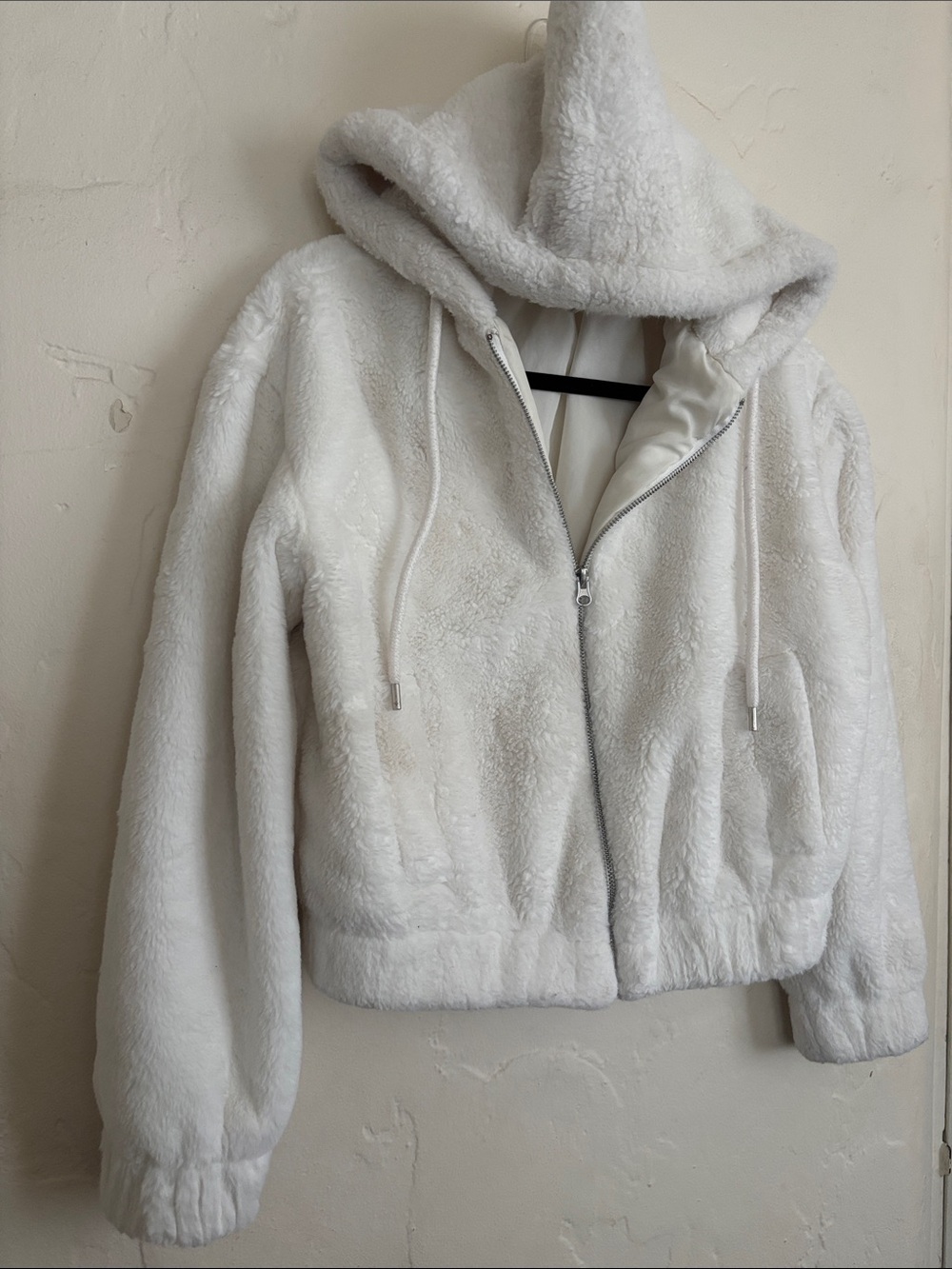 White Plush Hooded Zip Jacket